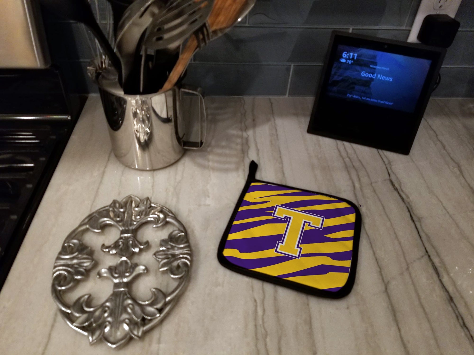 Letter T Monogram - Tiger Stripe - Purple Gold Pot Holder Set of 2 Heat Resistant Quilted Hot Pads 7.5 x 7.5 Inch, Insulated Kitchen Trivets for Cooking & Baking