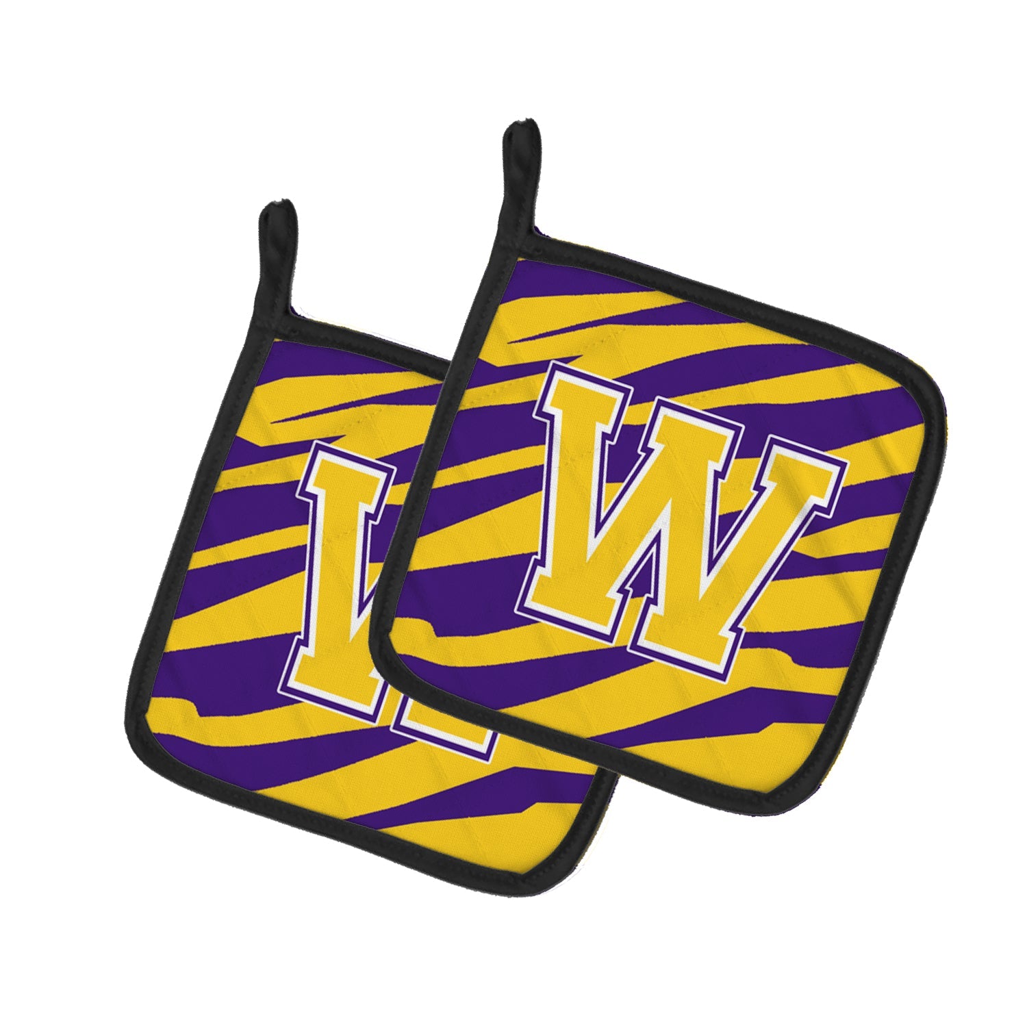 Letter W Monogram - Tiger Stripe - Purple Gold Pot Holder Set of 2 Heat Resistant Quilted Hot Pads 7.5 x 7.5 Inch, Insulated Kitchen Trivets for Cooking & Baking