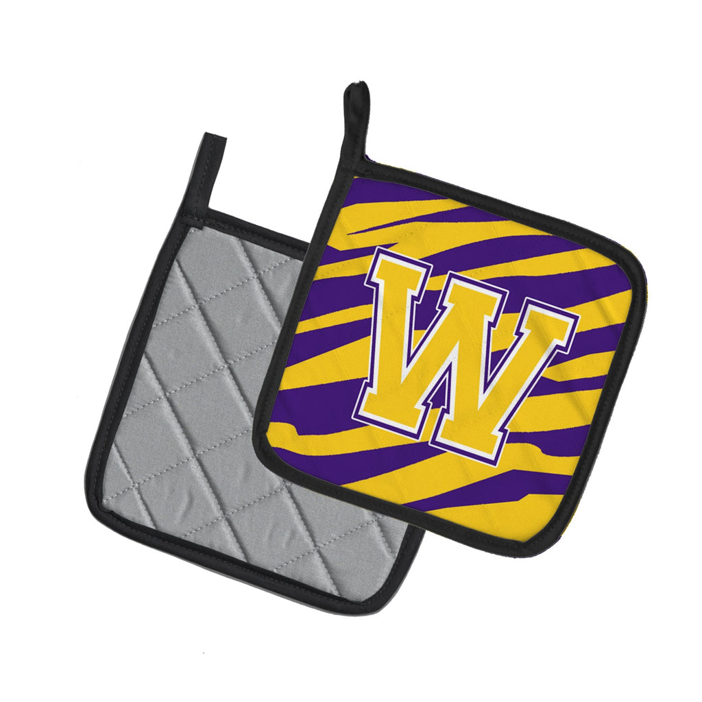Letter W Monogram - Tiger Stripe - Purple Gold Pot Holder Set of 2 Heat Resistant Quilted Hot Pads 7.5 x 7.5 Inch, Insulated Kitchen Trivets for Cooking & Baking