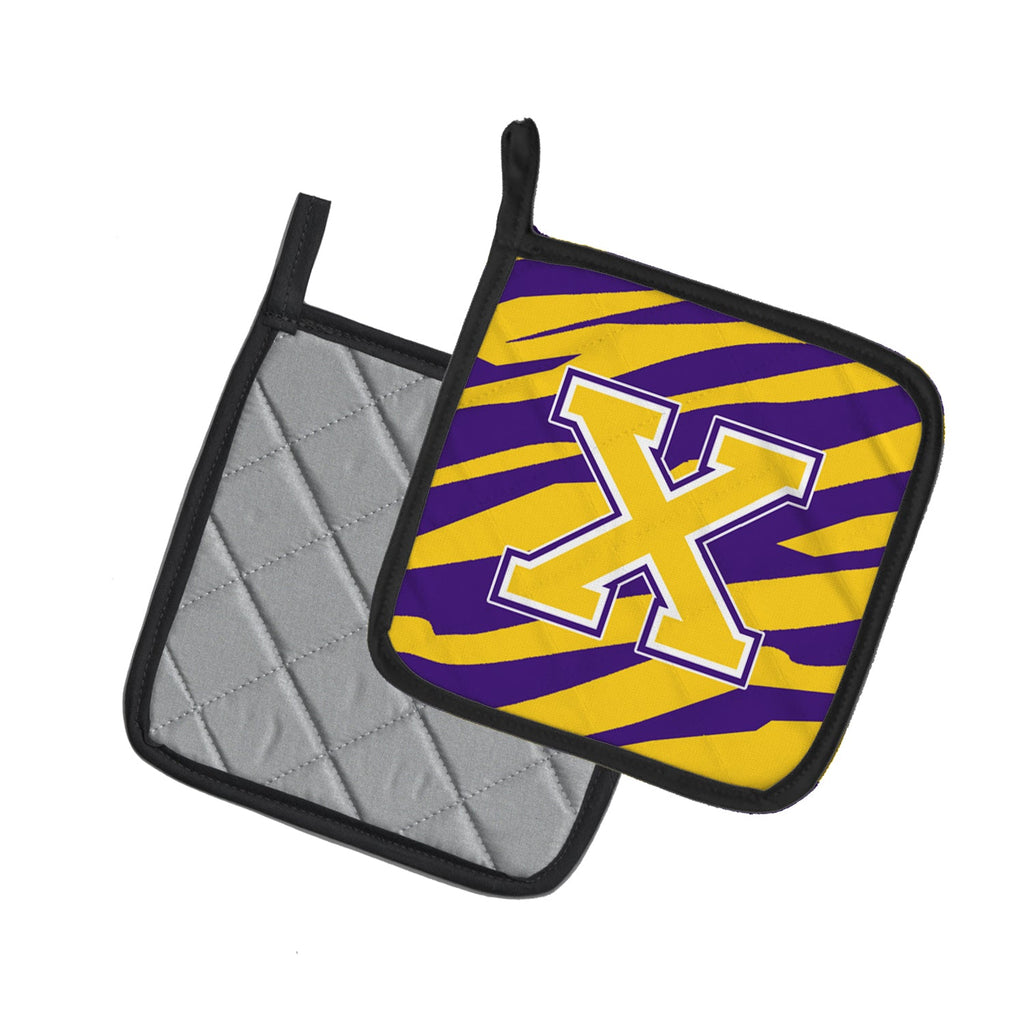 Letter X Monogram - Tiger Stripe - Purple Gold Pot Holder Set of 2 Heat Resistant Quilted Hot Pads 7.5 x 7.5 Inch, Insulated Kitchen Trivets for Cooking & Baking