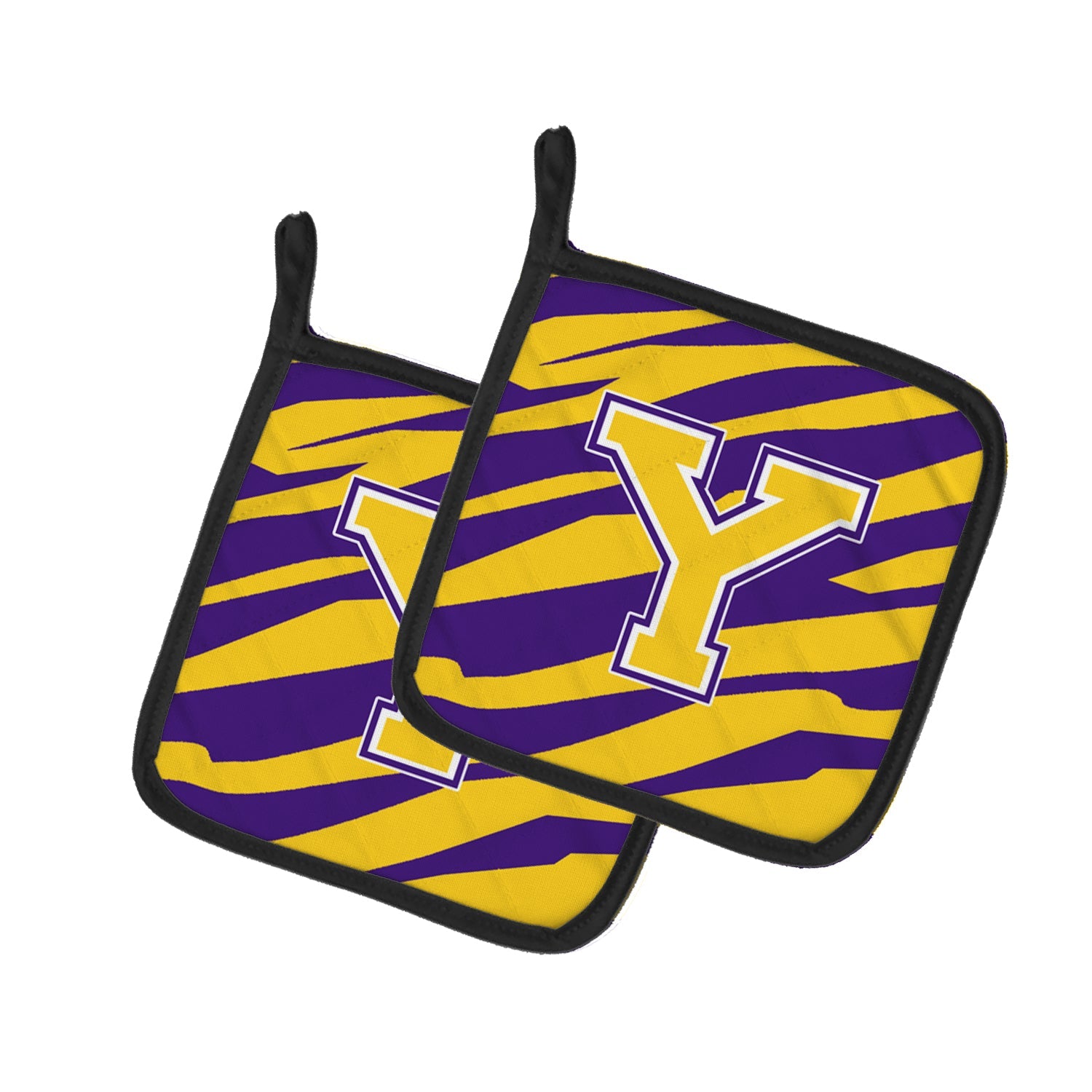 Letter Y Monogram - Tiger Stripe - Purple Gold Pot Holder Set of 2 Heat Resistant Quilted Hot Pads 7.5 x 7.5 Inch, Insulated Kitchen Trivets for Cooking & Baking