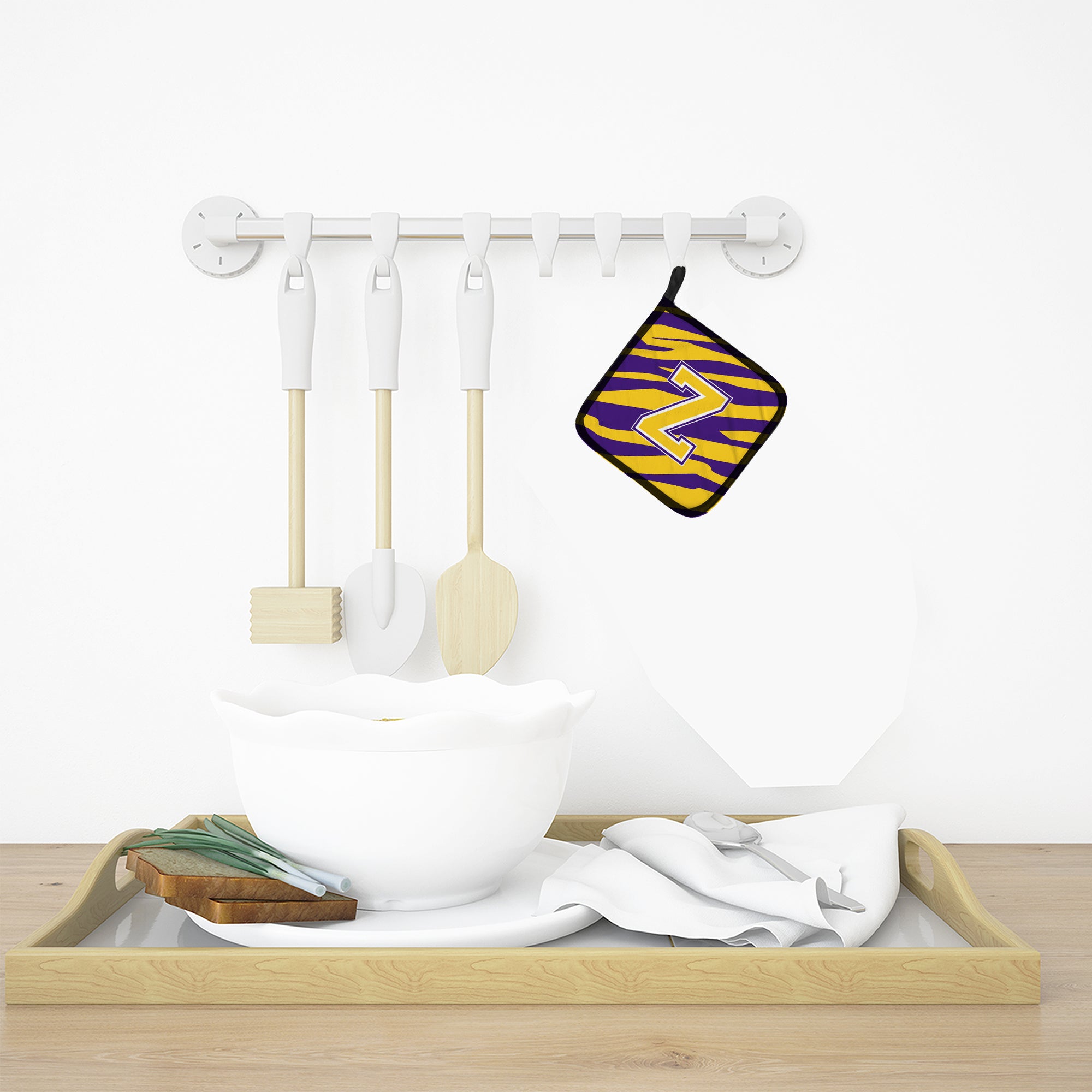 Letter Z Monogram - Tiger Stripe - Purple Gold Pot Holder Set of 2 Heat Resistant Quilted Hot Pads 7.5 x 7.5 Inch, Insulated Kitchen Trivets for Cooking & Baking