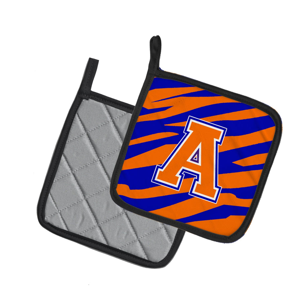 Letter A Monogram - Orange Blue Tiger Stripe Pot Holder Set of 2 Heat Resistant Quilted Hot Pads 7.5 x 7.5 Inch, Insulated Kitchen Trivets for Cooking & Baking