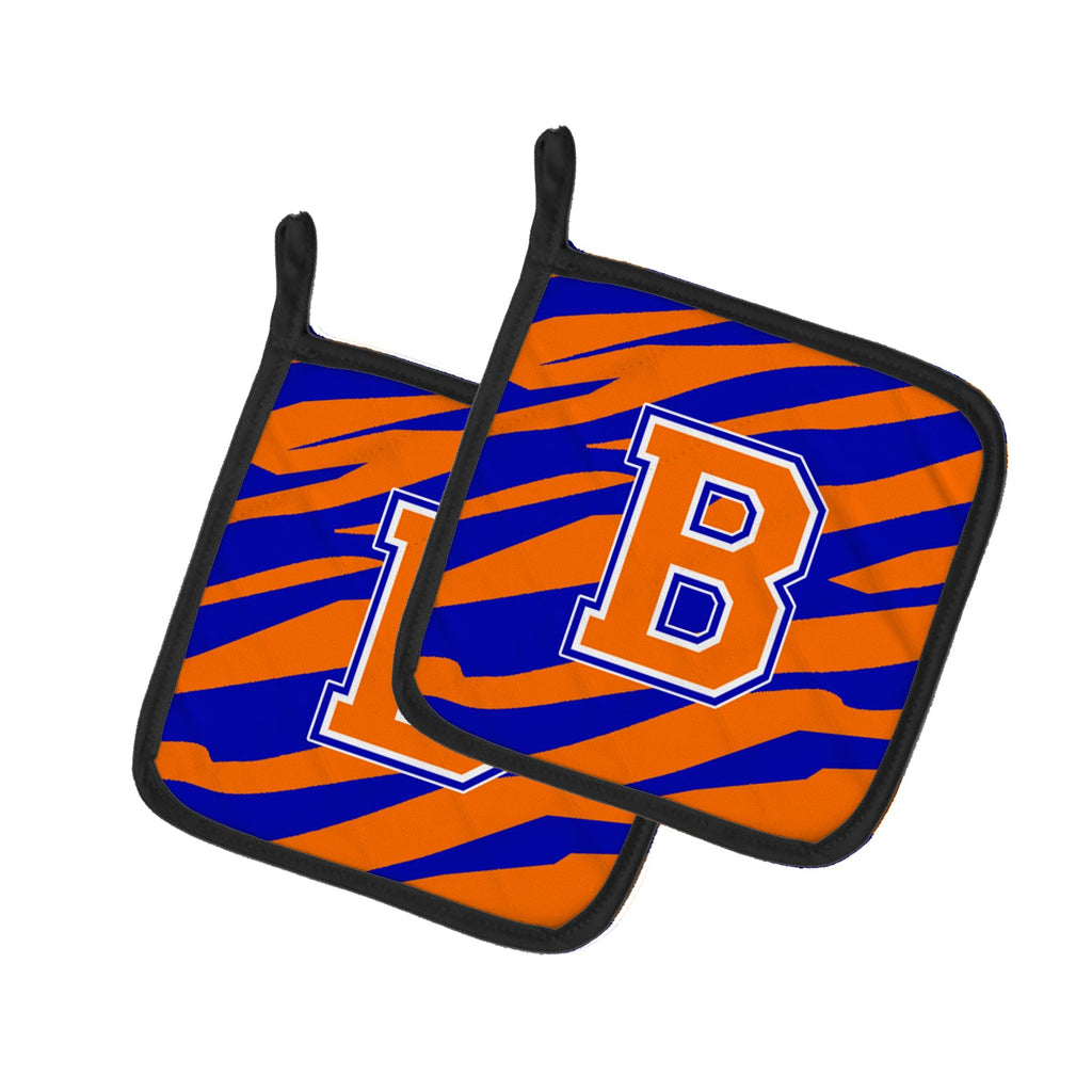 Letter B Initial Tiger Stripe - Blue Orange  Pot Holder Set of 2 Heat Resistant Quilted Hot Pads 7.5 x 7.5 Inch, Insulated Kitchen Trivets for Cooking & Baking