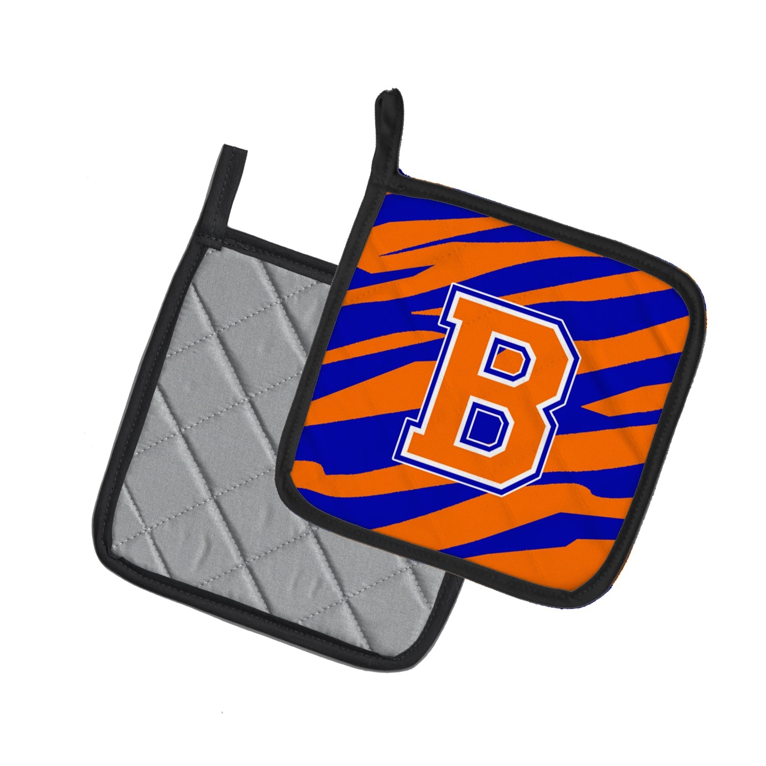 Letter B Initial Tiger Stripe - Blue Orange  Pot Holder Set of 2 Heat Resistant Quilted Hot Pads 7.5 x 7.5 Inch, Insulated Kitchen Trivets for Cooking & Baking