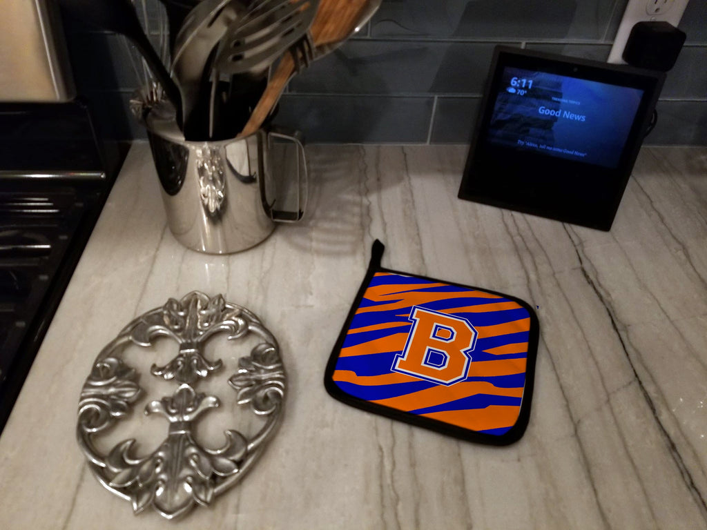 Letter B Initial Tiger Stripe - Blue Orange  Pot Holder Set of 2 Heat Resistant Quilted Hot Pads 7.5 x 7.5 Inch, Insulated Kitchen Trivets for Cooking & Baking