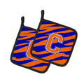 Letter C Initial Tiger Stripe - Blue Orange  Pot Holder Set of 2 Heat Resistant Quilted Hot Pads 7.5 x 7.5 Inch, Insulated Kitchen Trivets for Cooking & Baking