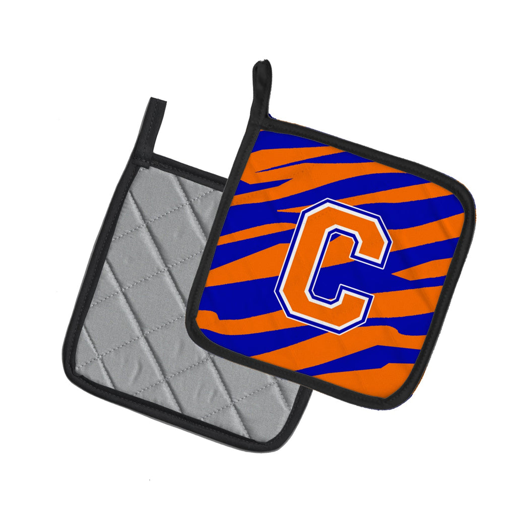 Letter C Initial Tiger Stripe - Blue Orange  Pot Holder Set of 2 Heat Resistant Quilted Hot Pads 7.5 x 7.5 Inch, Insulated Kitchen Trivets for Cooking & Baking