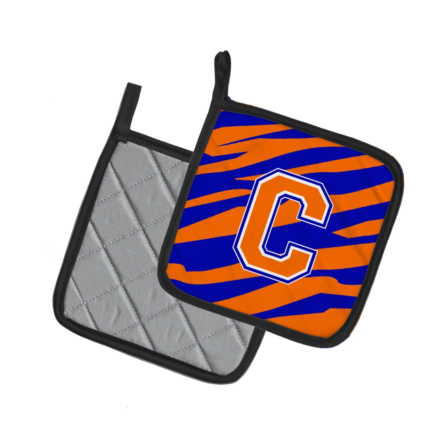 Letter C Initial Tiger Stripe - Blue Orange  Pot Holder Set of 2 Heat Resistant Quilted Hot Pads 7.5 x 7.5 Inch, Insulated Kitchen Trivets for Cooking & Baking