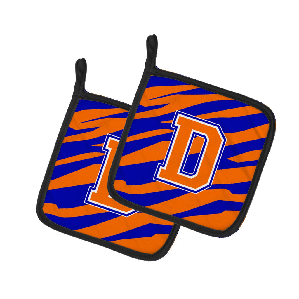Letter D Initial Tiger Stripe - Blue Orange  Pot Holder Set of 2 Heat Resistant Quilted Hot Pads 7.5 x 7.5 Inch, Insulated Kitchen Trivets for Cooking & Baking