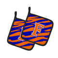Letter F Initial Tiger Stripe - Blue Orange  Pot Holder Set of 2 Heat Resistant Quilted Hot Pads 7.5 x 7.5 Inch, Insulated Kitchen Trivets for Cooking & Baking