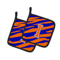 Letter I Initial Tiger Stripe - Blue Orange  Pot Holder Set of 2 Heat Resistant Quilted Hot Pads 7.5 x 7.5 Inch, Insulated Kitchen Trivets for Cooking & Baking