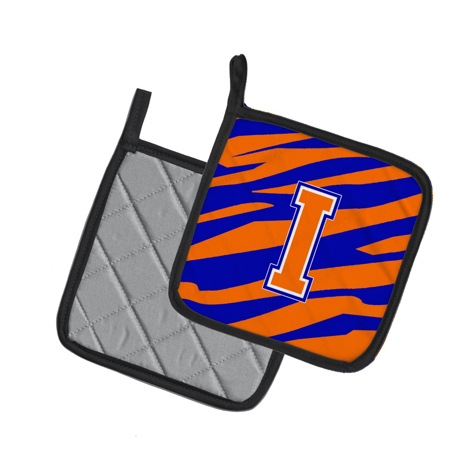 Letter I Initial Tiger Stripe - Blue Orange  Pot Holder Set of 2 Heat Resistant Quilted Hot Pads 7.5 x 7.5 Inch, Insulated Kitchen Trivets for Cooking & Baking
