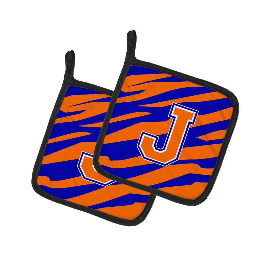 Letter J Initial Tiger Stripe - Blue Orange  Pot Holder Set of 2 Heat Resistant Quilted Hot Pads 7.5 x 7.5 Inch, Insulated Kitchen Trivets for Cooking & Baking