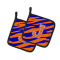 Letter J Initial Tiger Stripe - Blue Orange  Pot Holder Set of 2 Heat Resistant Quilted Hot Pads 7.5 x 7.5 Inch, Insulated Kitchen Trivets for Cooking & Baking