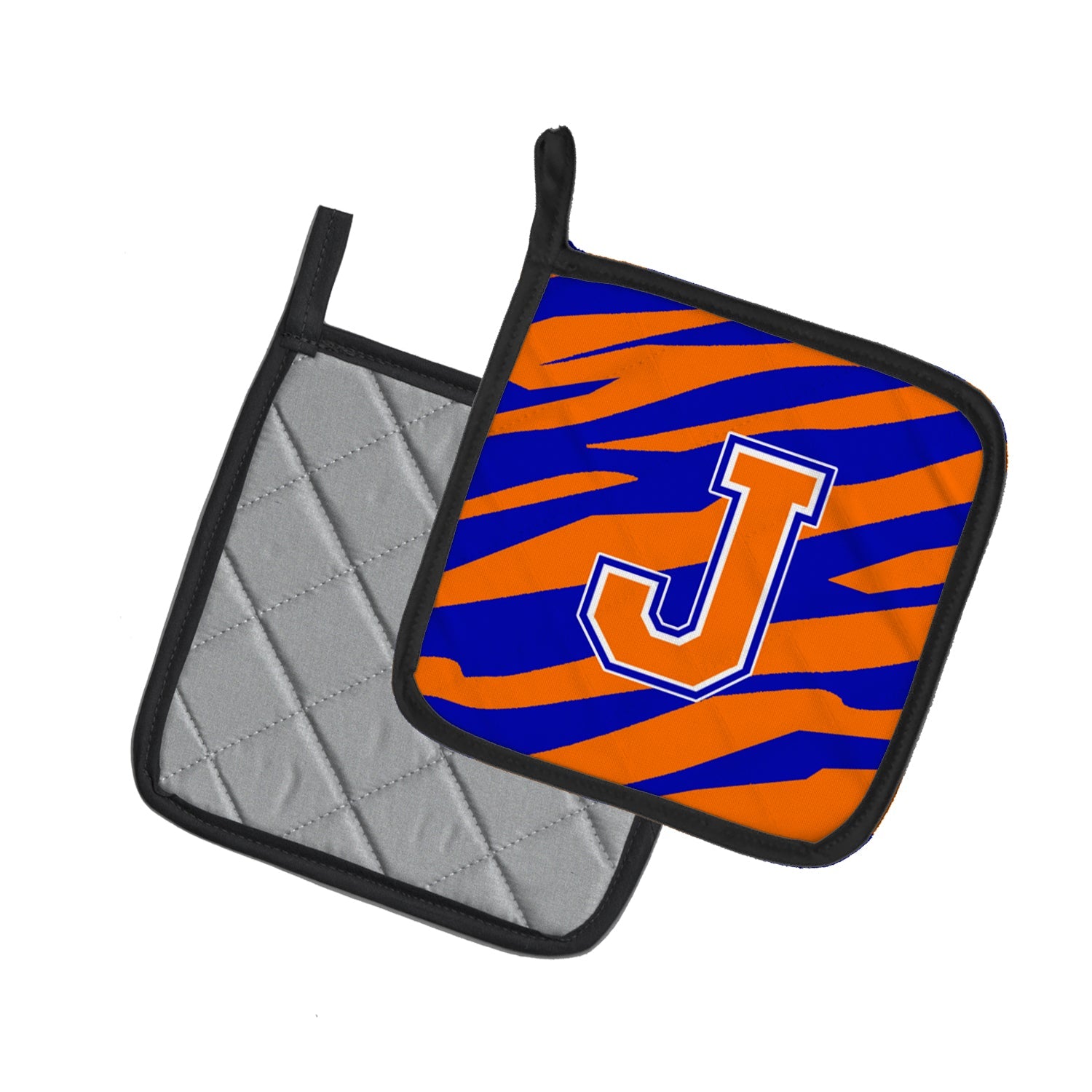 Letter J Initial Tiger Stripe - Blue Orange  Pot Holder Set of 2 Heat Resistant Quilted Hot Pads 7.5 x 7.5 Inch, Insulated Kitchen Trivets for Cooking & Baking