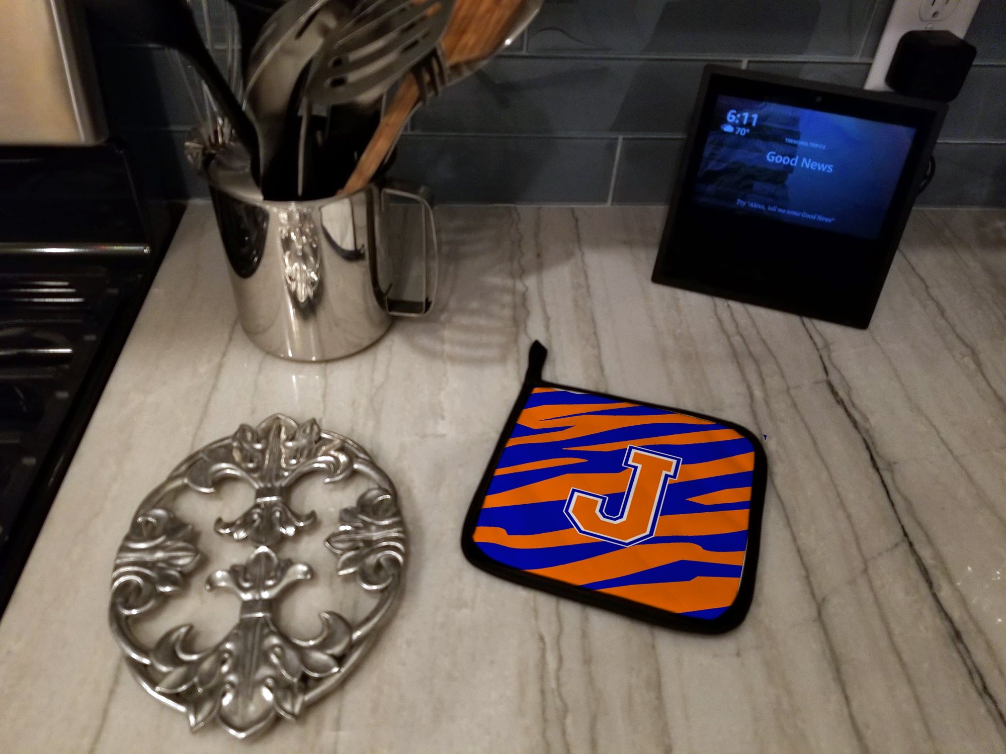 Letter J Initial Tiger Stripe - Blue Orange  Pot Holder Set of 2 Heat Resistant Quilted Hot Pads 7.5 x 7.5 Inch, Insulated Kitchen Trivets for Cooking & Baking