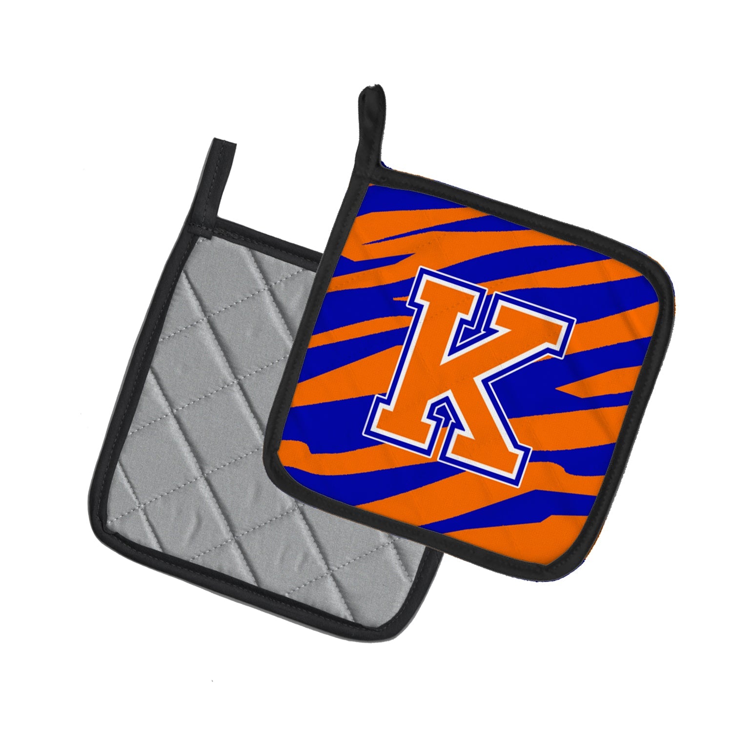 Letter K Initial  Tiger Stripe - Blue Orange  Pot Holder Set of 2 Heat Resistant Quilted Hot Pads 7.5 x 7.5 Inch, Insulated Kitchen Trivets for Cooking & Baking