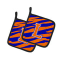 Letter L Initial Tiger Stripe - Blue Orange  Pot Holder Set of 2 Heat Resistant Quilted Hot Pads 7.5 x 7.5 Inch, Insulated Kitchen Trivets for Cooking & Baking