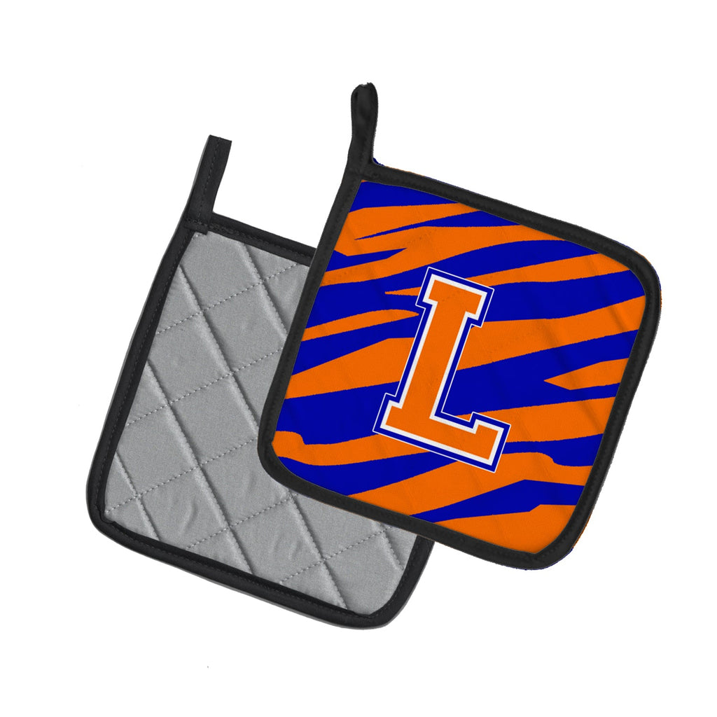 Letter L Initial Tiger Stripe - Blue Orange  Pot Holder Set of 2 Heat Resistant Quilted Hot Pads 7.5 x 7.5 Inch, Insulated Kitchen Trivets for Cooking & Baking