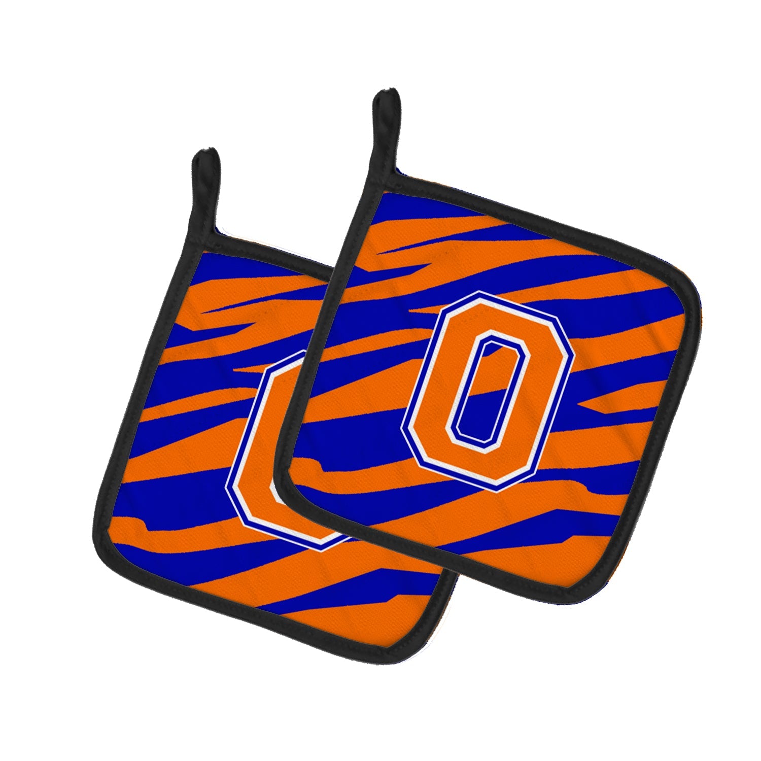 Letter O Initial Tiger Stripe - Blue Orange  Pot Holder Set of 2 Heat Resistant Quilted Hot Pads 7.5 x 7.5 Inch, Insulated Kitchen Trivets for Cooking & Baking