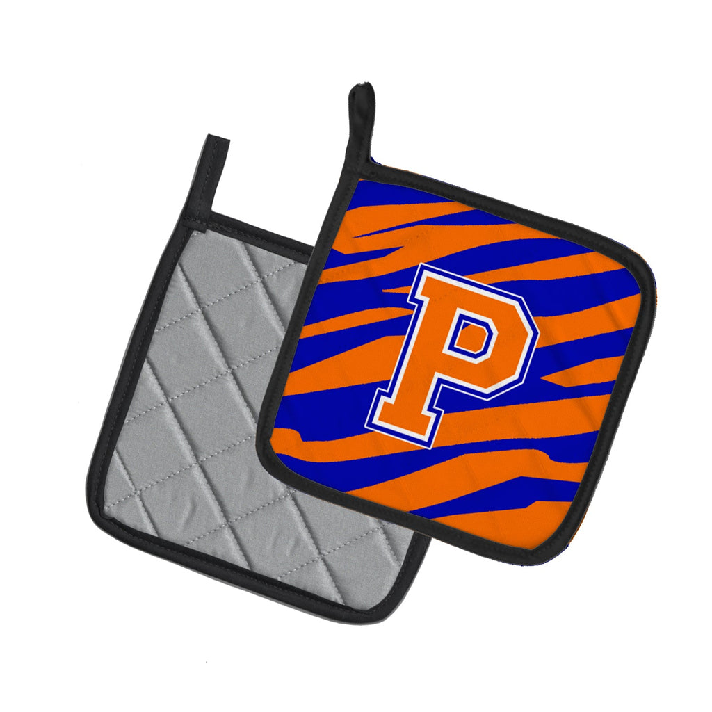 Letter P Initial Tiger Stripe - Blue Orange  Pot Holder Set of 2 Heat Resistant Quilted Hot Pads 7.5 x 7.5 Inch, Insulated Kitchen Trivets for Cooking & Baking