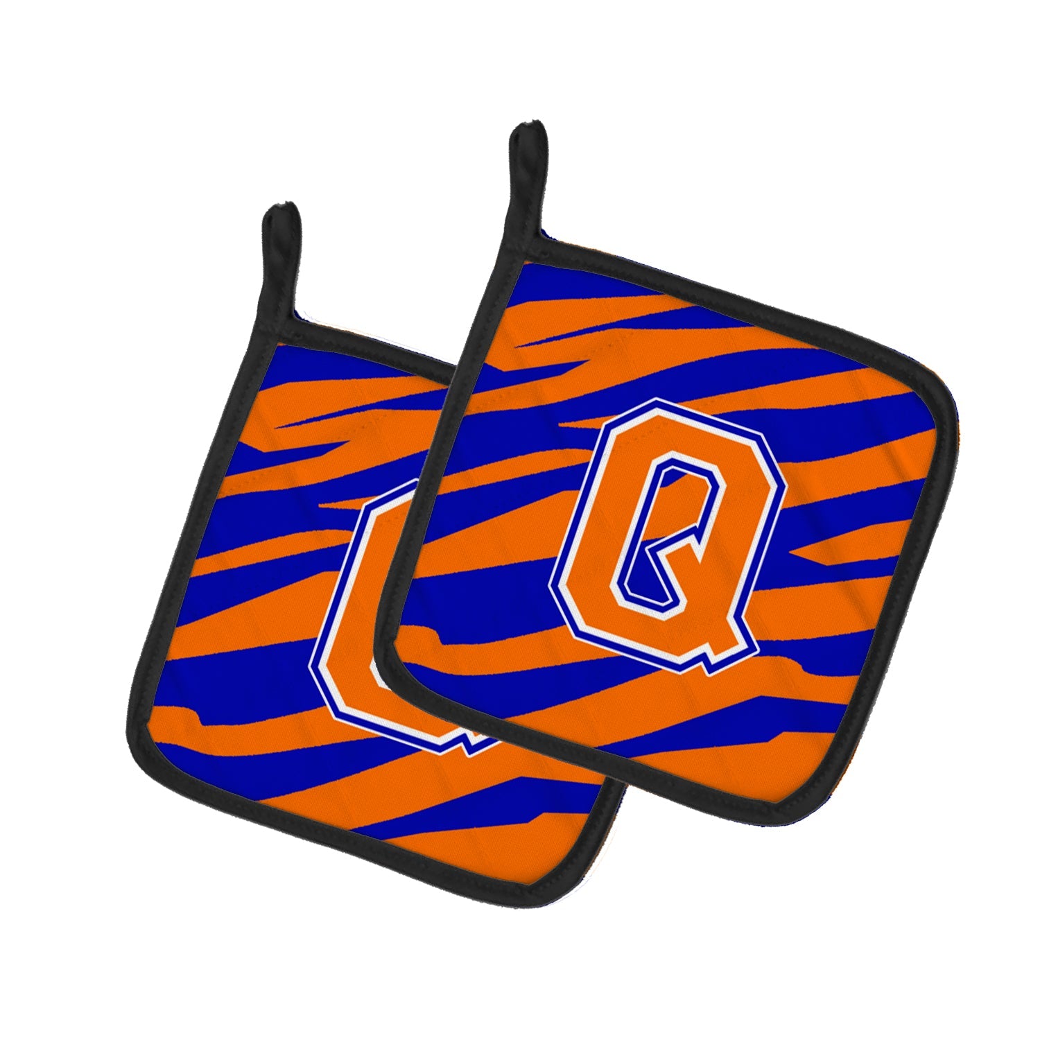 Letter Q Initial Tiger Stripe - Blue Orange  Pot Holder Set of 2 Heat Resistant Quilted Hot Pads 7.5 x 7.5 Inch, Insulated Kitchen Trivets for Cooking & Baking