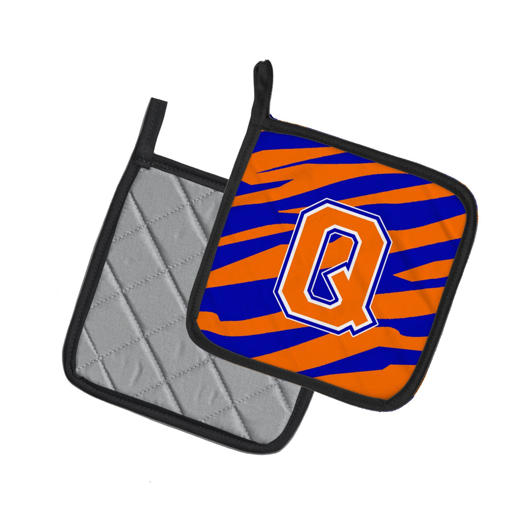 Letter Q Initial Tiger Stripe - Blue Orange  Pot Holder Set of 2 Heat Resistant Quilted Hot Pads 7.5 x 7.5 Inch, Insulated Kitchen Trivets for Cooking & Baking
