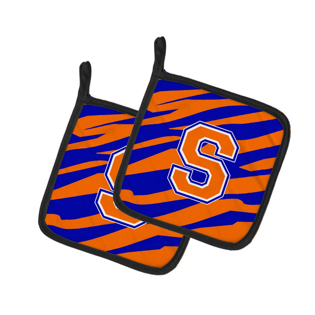 Letter S Initial Tiger Stripe - Blue Orange  Pot Holder Set of 2 Heat Resistant Quilted Hot Pads 7.5 x 7.5 Inch, Insulated Kitchen Trivets for Cooking & Baking