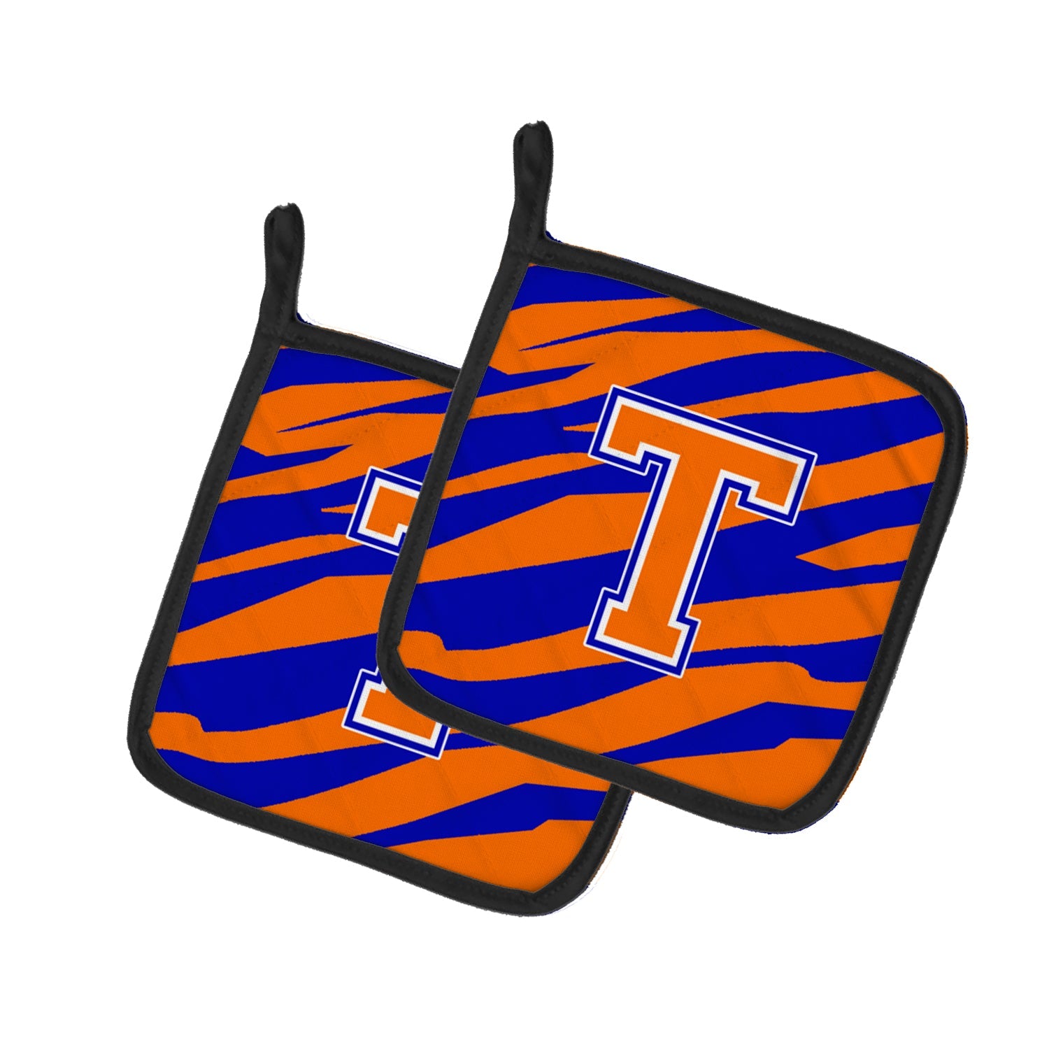 Letter T Initial Tiger Stripe - Blue Orange  Pot Holder Set of 2 Heat Resistant Quilted Hot Pads 7.5 x 7.5 Inch, Insulated Kitchen Trivets for Cooking & Baking