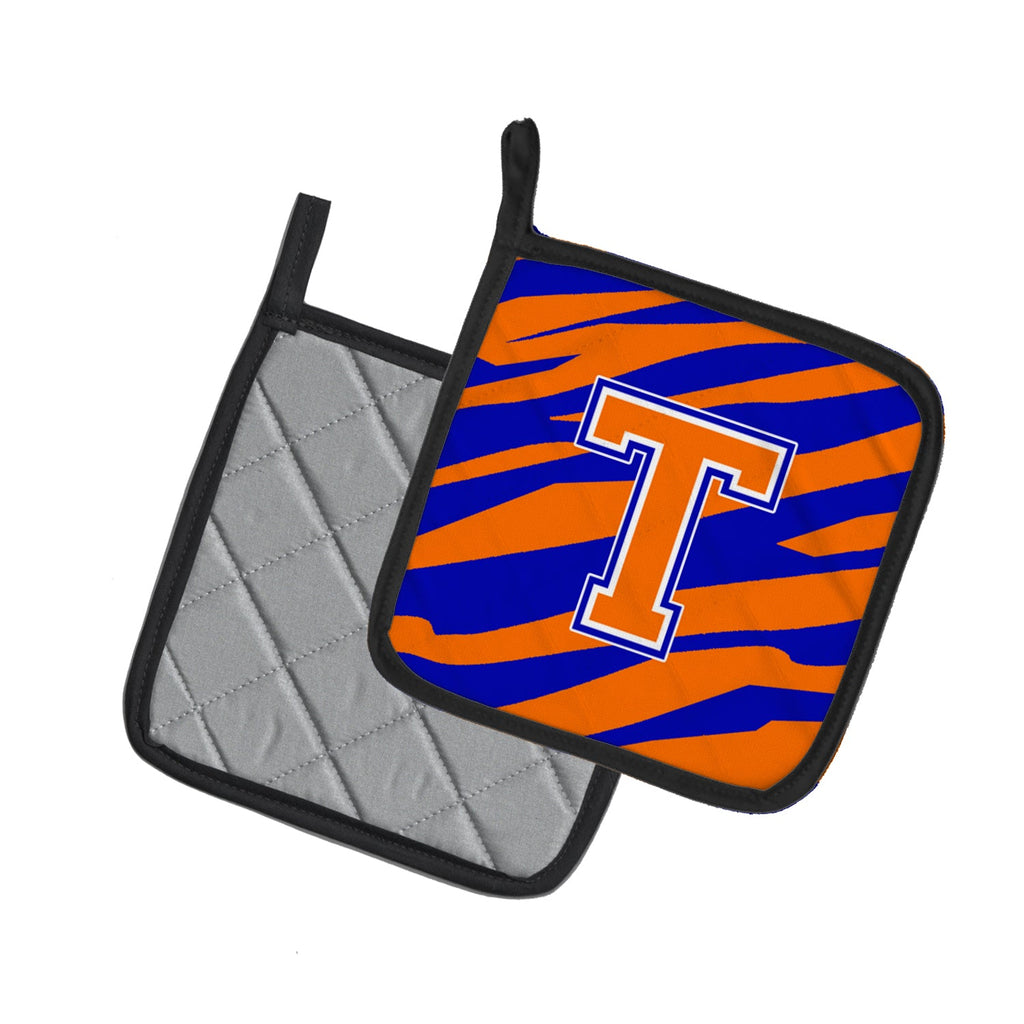 Letter T Initial Tiger Stripe - Blue Orange  Pot Holder Set of 2 Heat Resistant Quilted Hot Pads 7.5 x 7.5 Inch, Insulated Kitchen Trivets for Cooking & Baking
