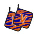Letter V Initial Tiger Stripe - Blue Orange  Pot Holder Set of 2 Heat Resistant Quilted Hot Pads 7.5 x 7.5 Inch, Insulated Kitchen Trivets for Cooking & Baking