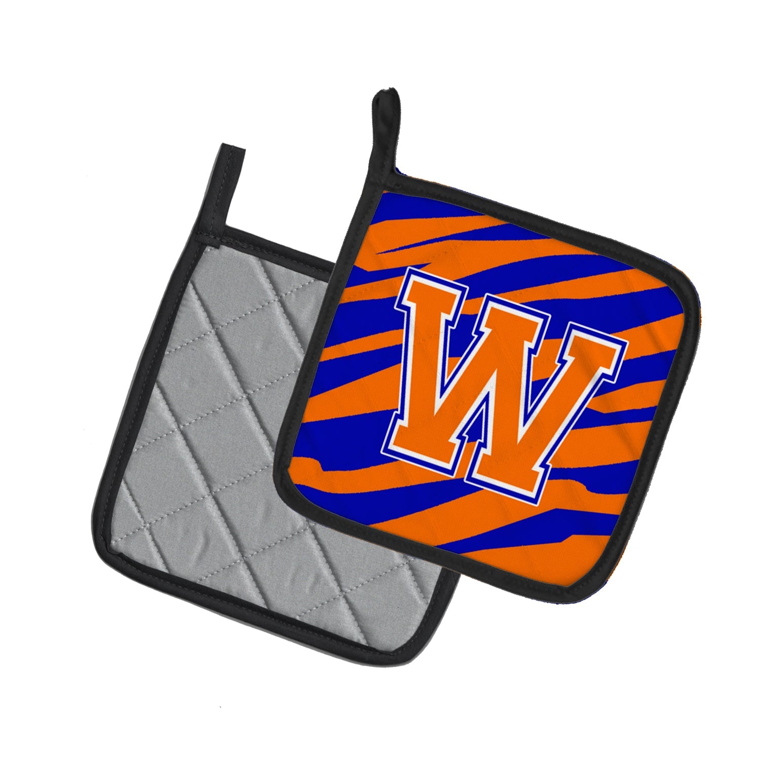 Letter W Initial Tiger Stripe - Blue Orange  Pot Holder Set of 2 Heat Resistant Quilted Hot Pads 7.5 x 7.5 Inch, Insulated Kitchen Trivets for Cooking & Baking