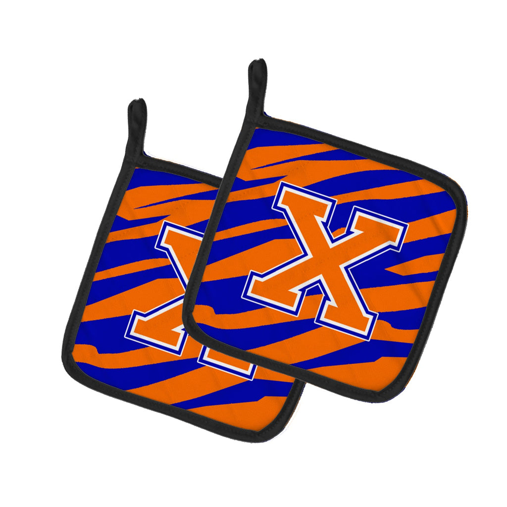 Letter X Initial Tiger Stripe - Blue Orange  Pot Holder Set of 2 Heat Resistant Quilted Hot Pads 7.5 x 7.5 Inch, Insulated Kitchen Trivets for Cooking & Baking