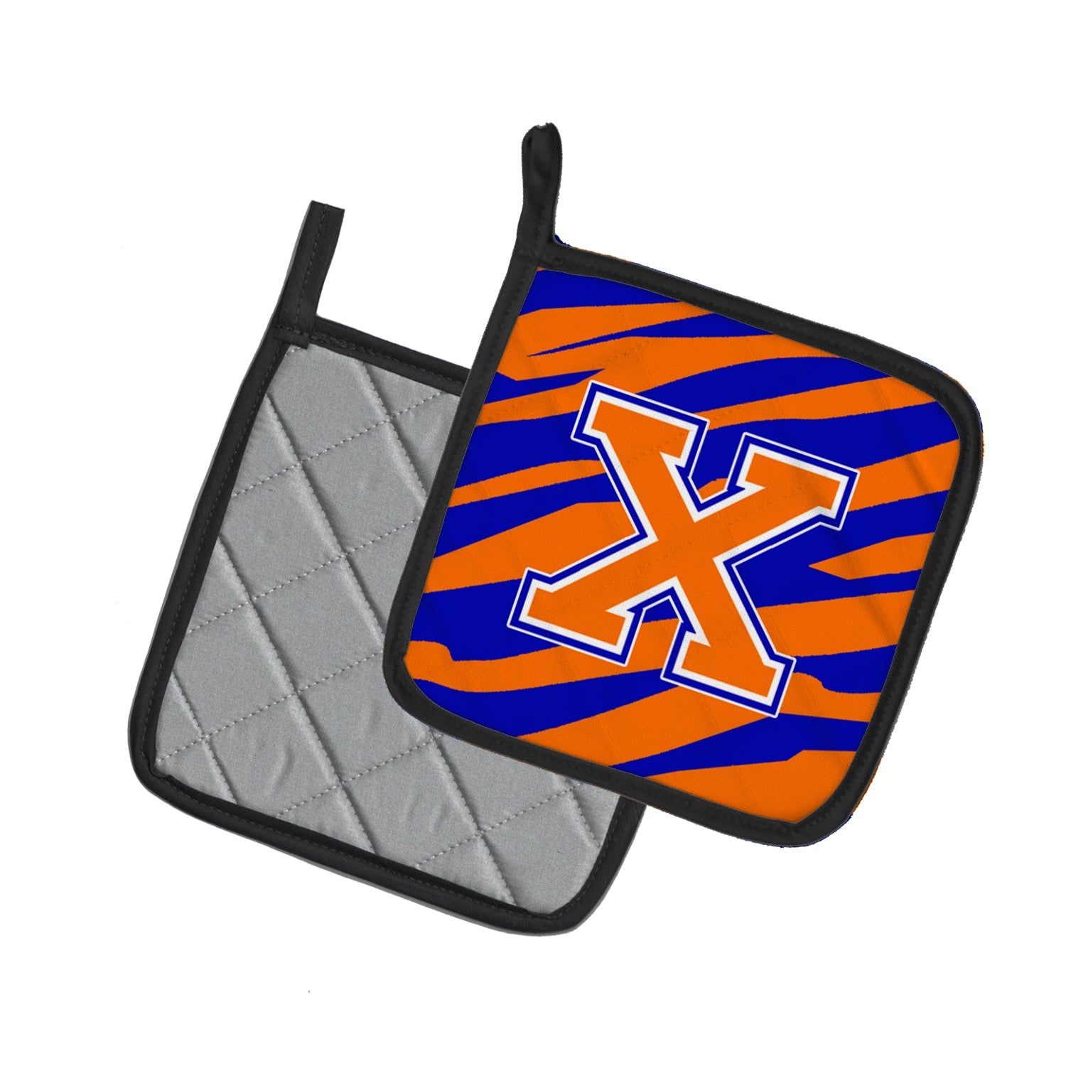Letter X Initial Tiger Stripe - Blue Orange  Pot Holder Set of 2 Heat Resistant Quilted Hot Pads 7.5 x 7.5 Inch, Insulated Kitchen Trivets for Cooking & Baking
