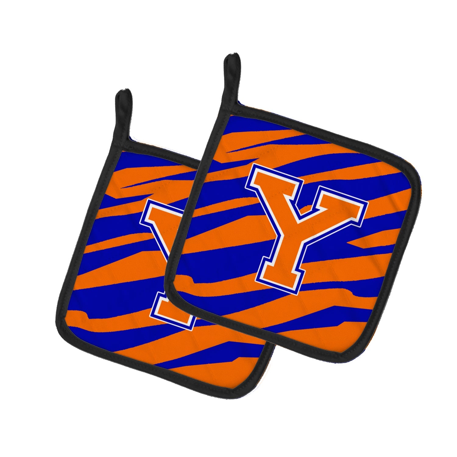 Letter Y Initial Tiger Stripe - Blue Orange  Pot Holder Set of 2 Heat Resistant Quilted Hot Pads 7.5 x 7.5 Inch, Insulated Kitchen Trivets for Cooking & Baking