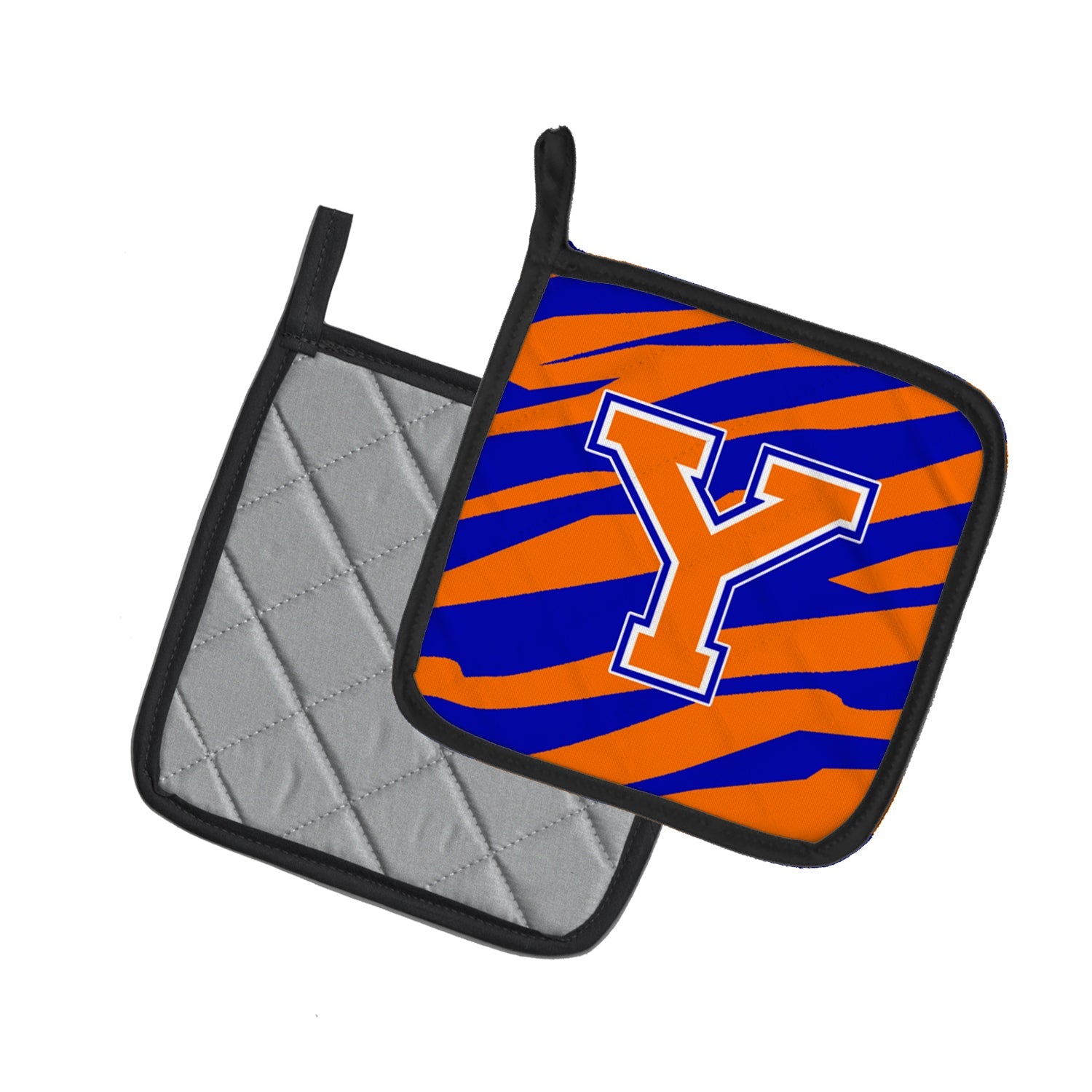 Letter Y Initial Tiger Stripe - Blue Orange  Pot Holder Set of 2 Heat Resistant Quilted Hot Pads 7.5 x 7.5 Inch, Insulated Kitchen Trivets for Cooking & Baking
