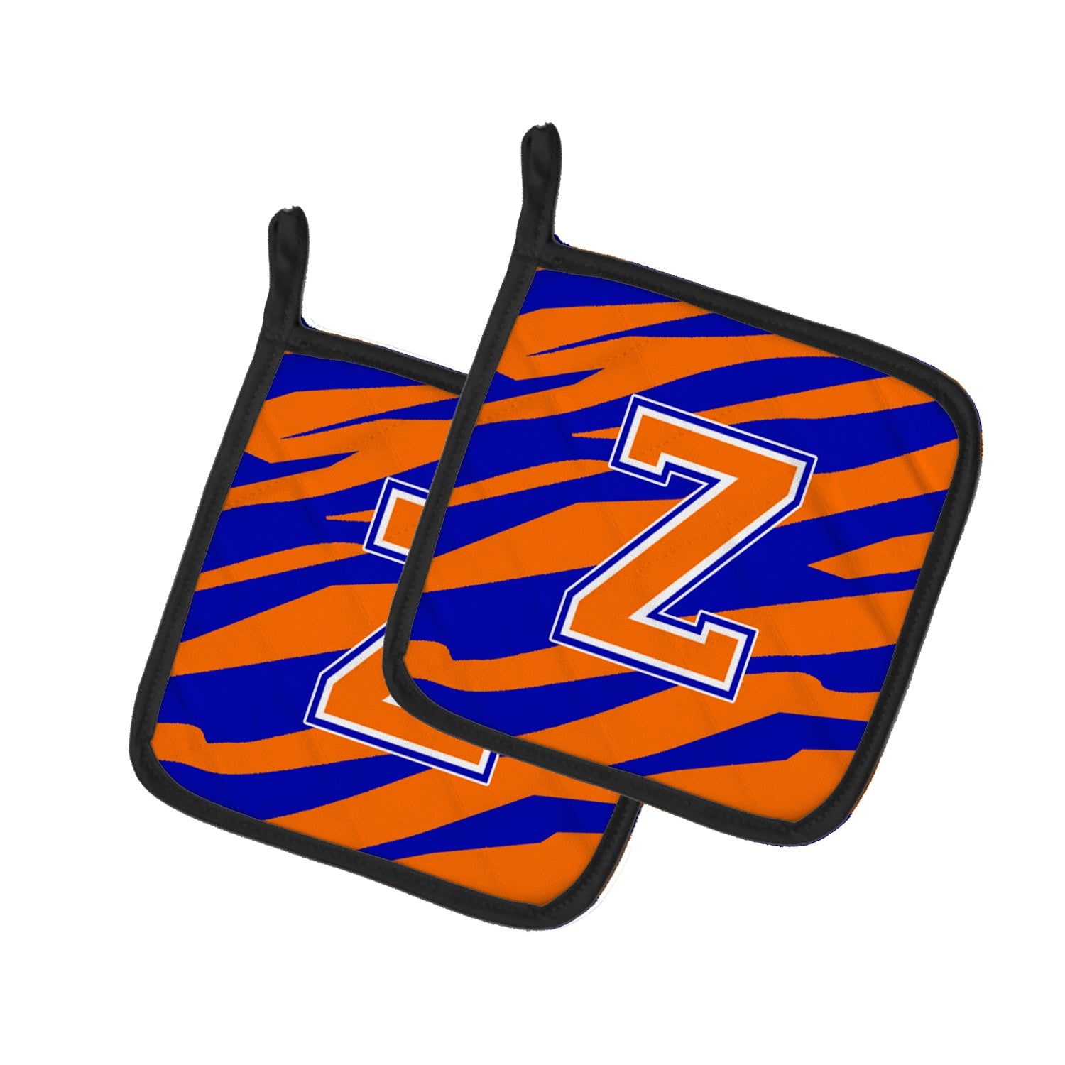 Letter Z Initial Tiger Stripe - Blue Orange  Pot Holder Set of 2 Heat Resistant Quilted Hot Pads 7.5 x 7.5 Inch, Insulated Kitchen Trivets for Cooking & Baking