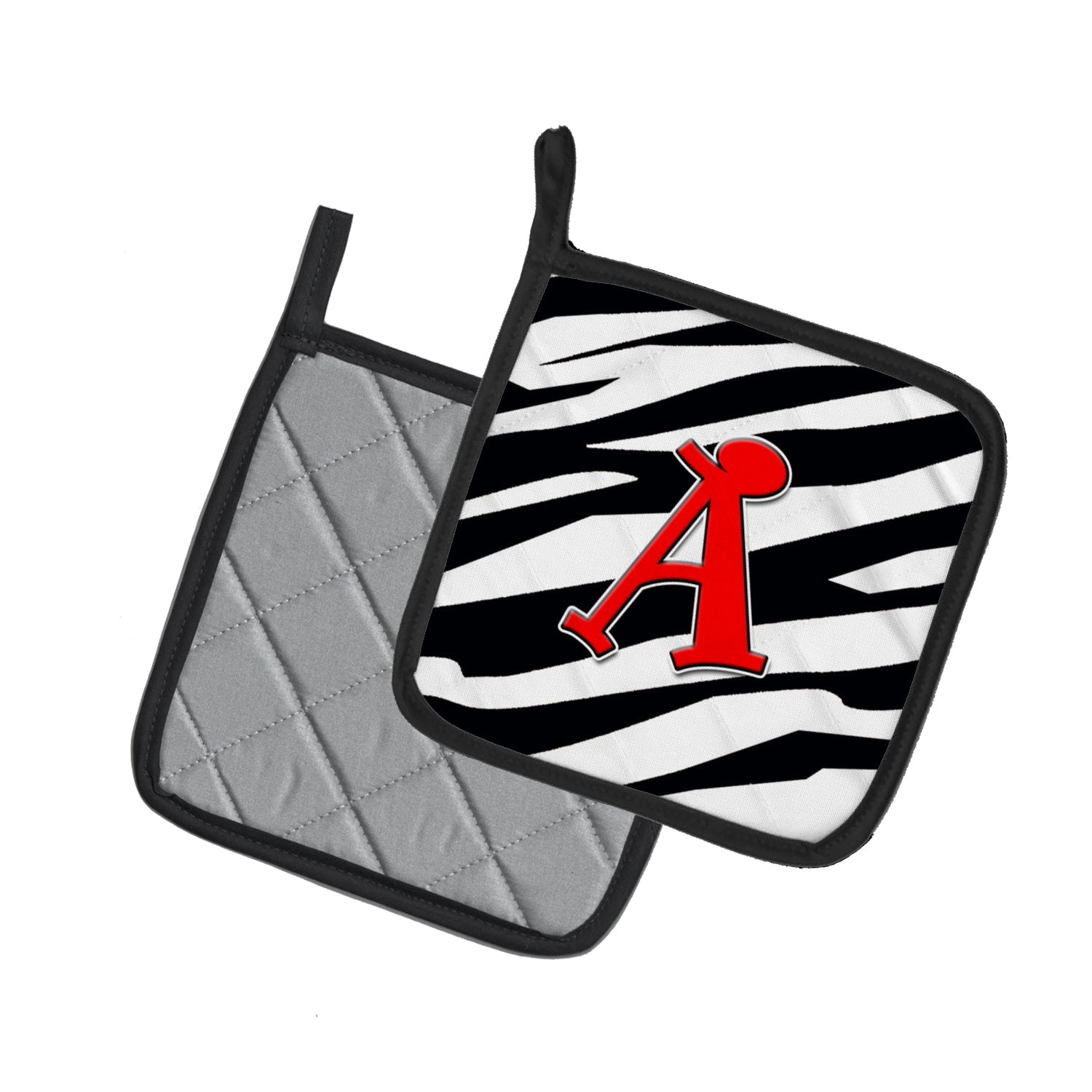 Letter A Monogram - Zebra Stripe and Red Pot Holder Set of 2 Heat Resistant Quilted Hot Pads 7.5 x 7.5 Inch, Insulated Kitchen Trivets for Cooking & Baking