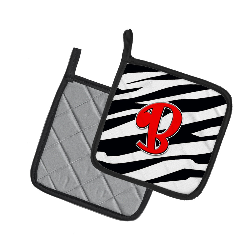 Letter B Initial Monogram - Zebra Red Pot Holder Set of 2 Heat Resistant Quilted Hot Pads 7.5 x 7.5 Inch, Insulated Kitchen Trivets for Cooking & Baking