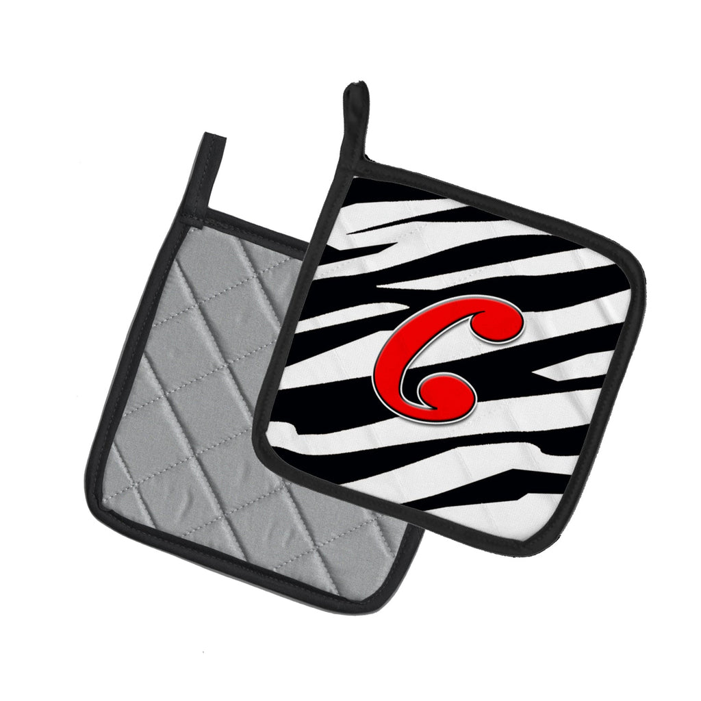 Letter C Initial Monogram - Zebra Red Pot Holder Set of 2 Heat Resistant Quilted Hot Pads 7.5 x 7.5 Inch, Insulated Kitchen Trivets for Cooking & Baking