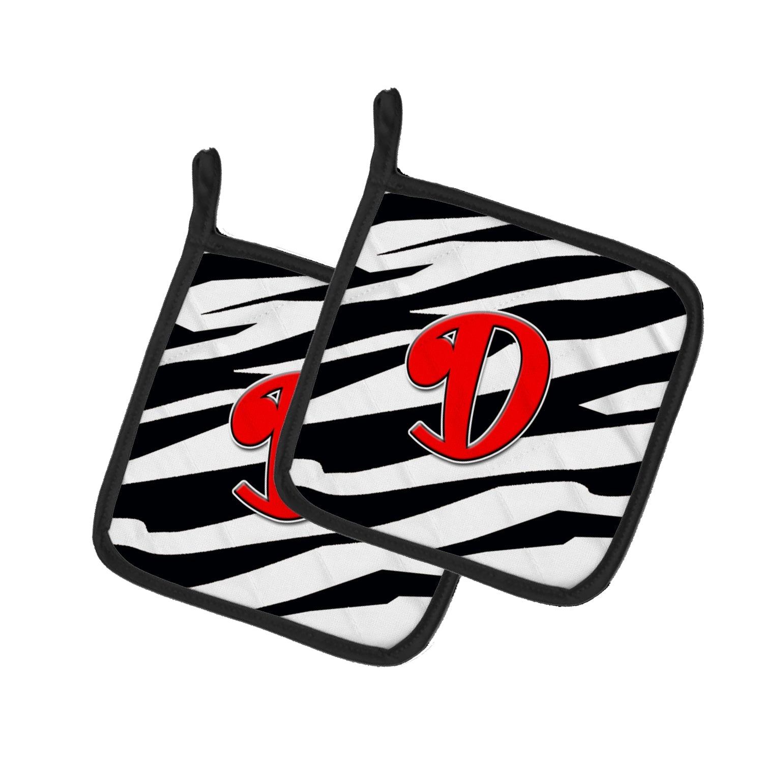 Letter D Initial Monogram - Zebra Red Pot Holder Set of 2 Heat Resistant Quilted Hot Pads 7.5 x 7.5 Inch, Insulated Kitchen Trivets for Cooking & Baking