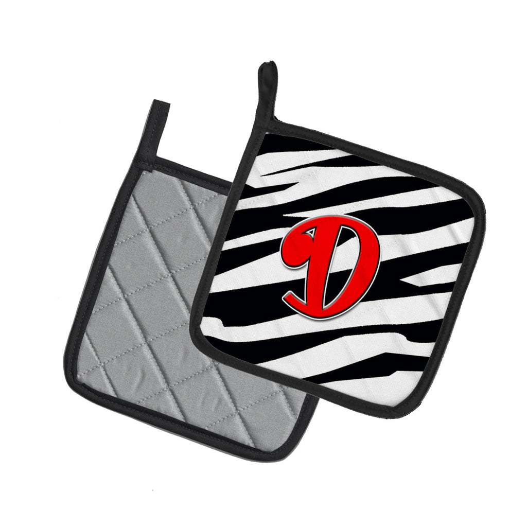 Letter D Initial Monogram - Zebra Red Pot Holder Set of 2 Heat Resistant Quilted Hot Pads 7.5 x 7.5 Inch, Insulated Kitchen Trivets for Cooking & Baking