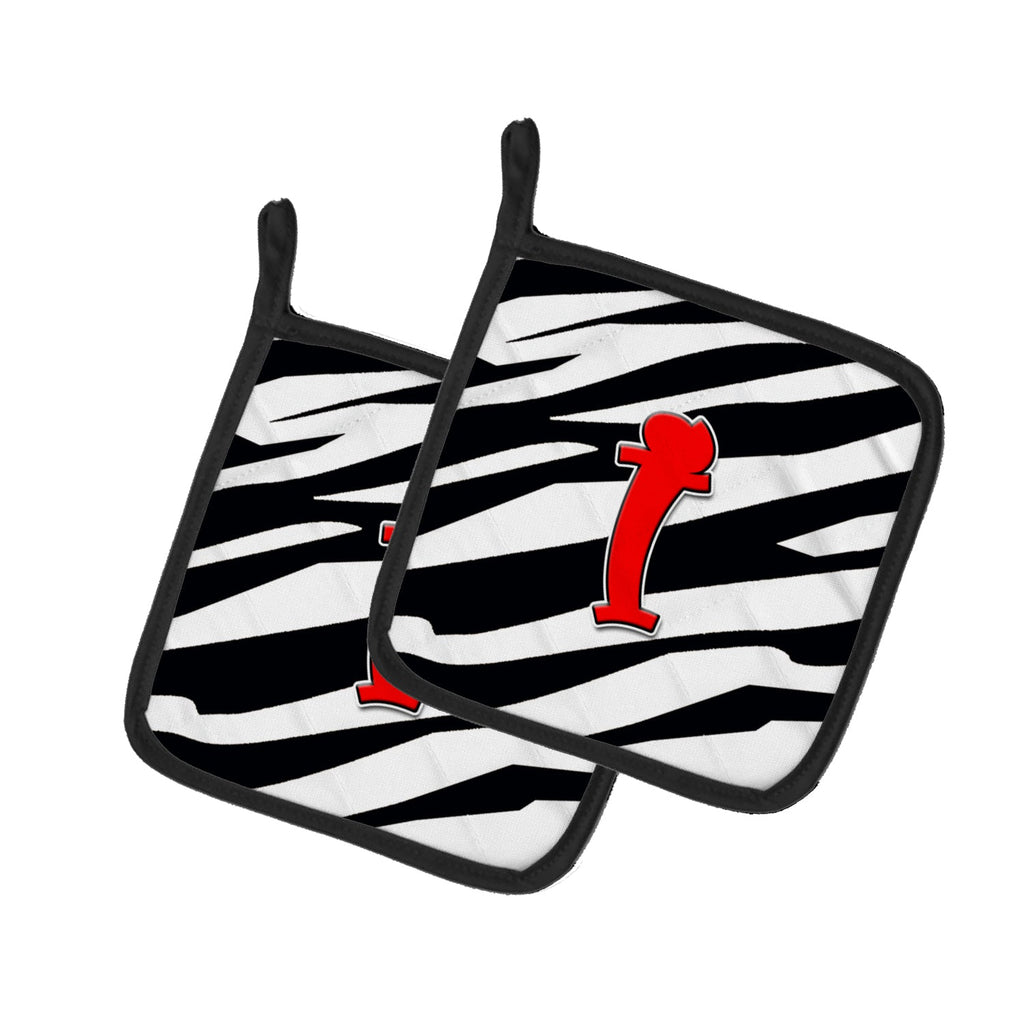 Letter I Initial Monogram - Zebra Red Pot Holder Set of 2 Heat Resistant Quilted Hot Pads 7.5 x 7.5 Inch, Insulated Kitchen Trivets for Cooking & Baking