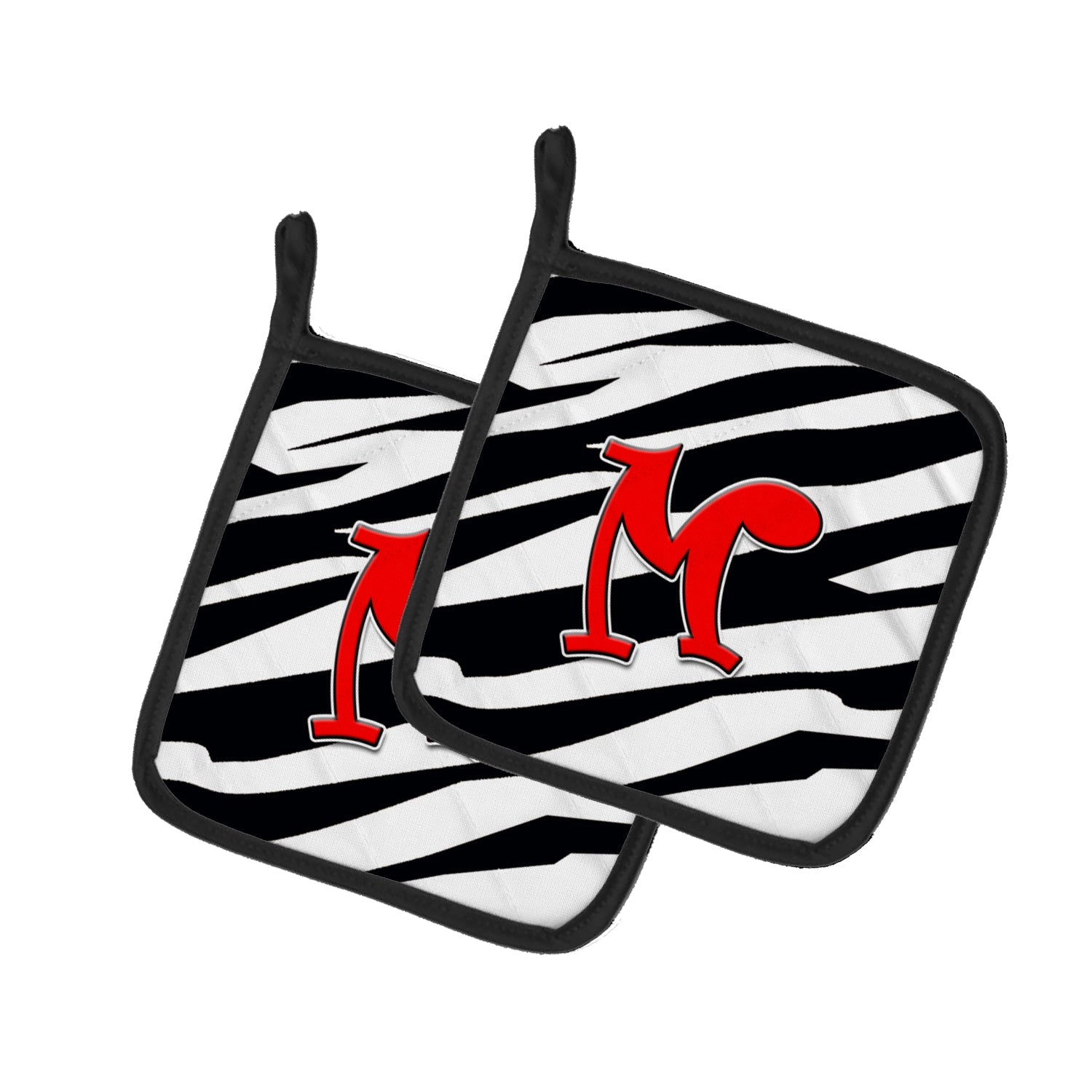 Letter M Initial Monogram - Zebra Red Pot Holder Set of 2 Heat Resistant Quilted Hot Pads 7.5 x 7.5 Inch, Insulated Kitchen Trivets for Cooking & Baking