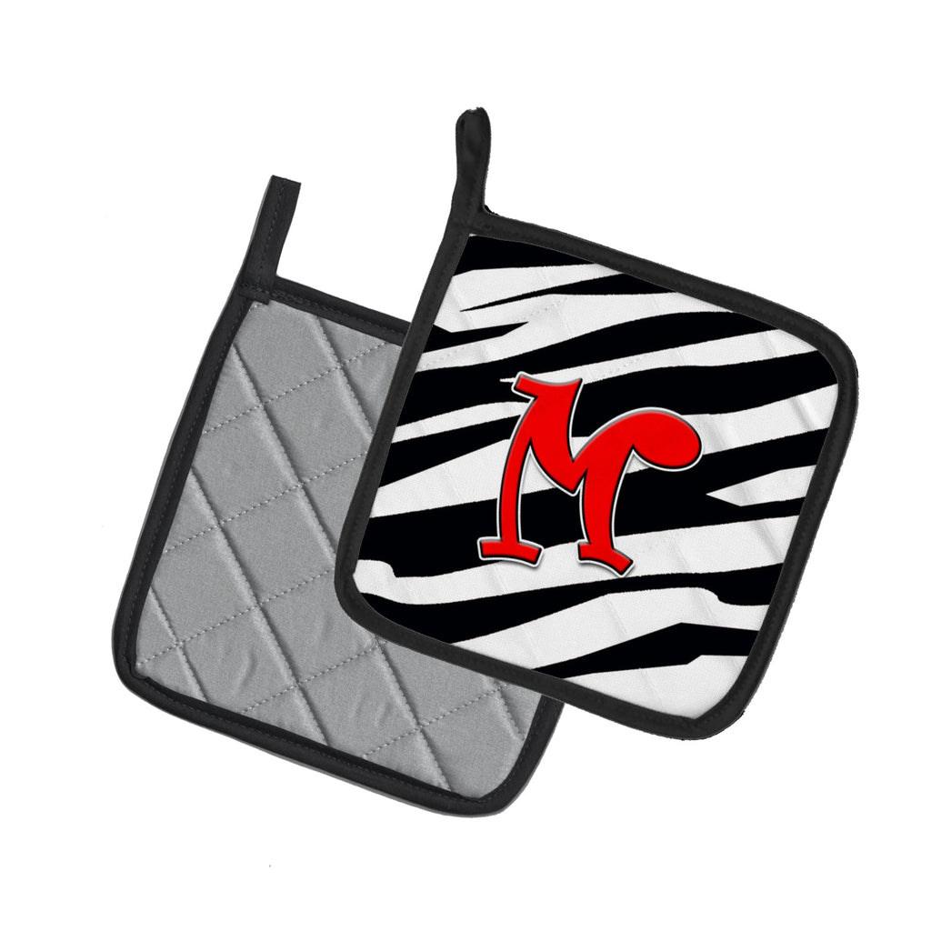 Letter M Initial Monogram - Zebra Red Pot Holder Set of 2 Heat Resistant Quilted Hot Pads 7.5 x 7.5 Inch, Insulated Kitchen Trivets for Cooking & Baking