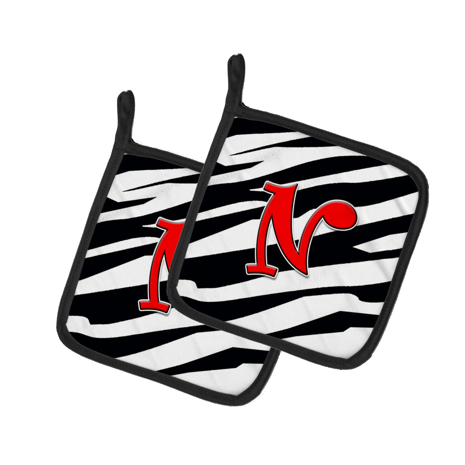Letter N Initial Monogram - Zebra Red Pot Holder Set of 2 Heat Resistant Quilted Hot Pads 7.5 x 7.5 Inch, Insulated Kitchen Trivets for Cooking & Baking