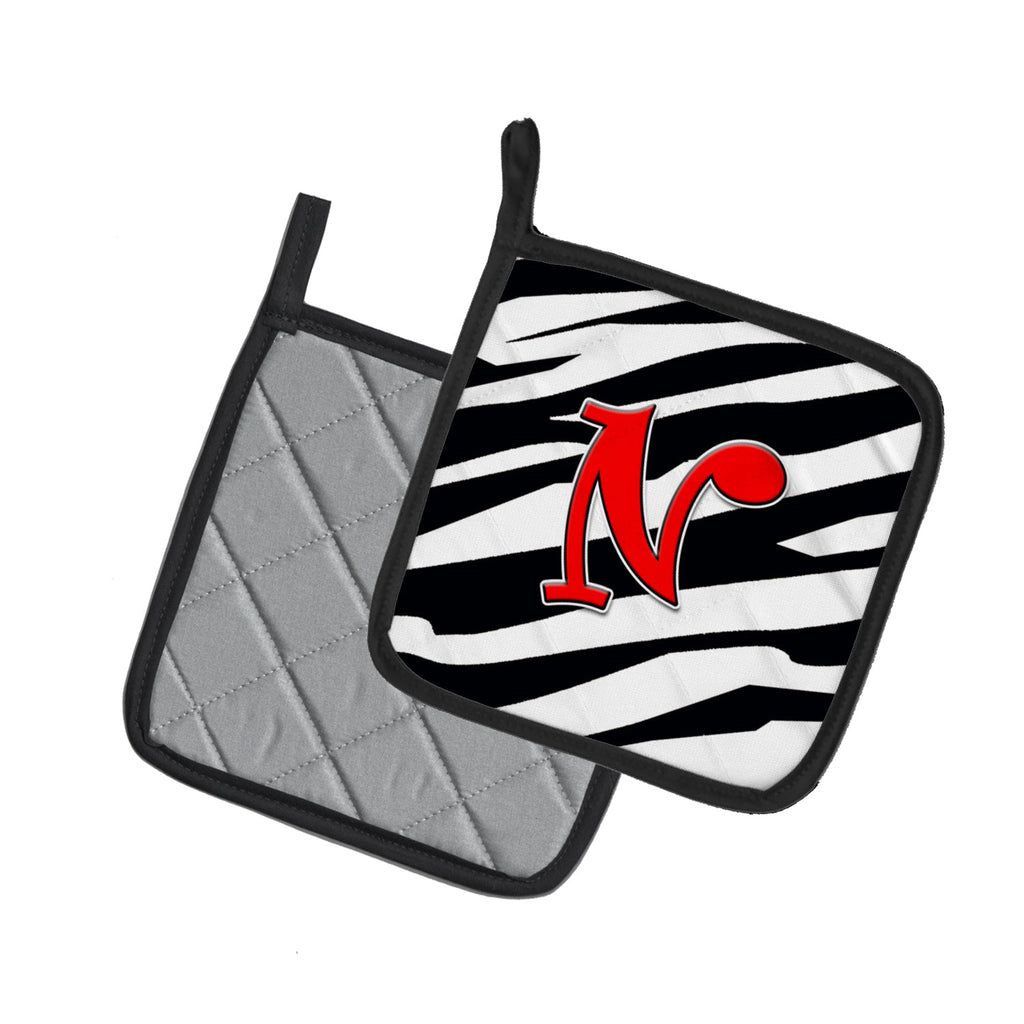 Letter N Initial Monogram - Zebra Red Pot Holder Set of 2 Heat Resistant Quilted Hot Pads 7.5 x 7.5 Inch, Insulated Kitchen Trivets for Cooking & Baking
