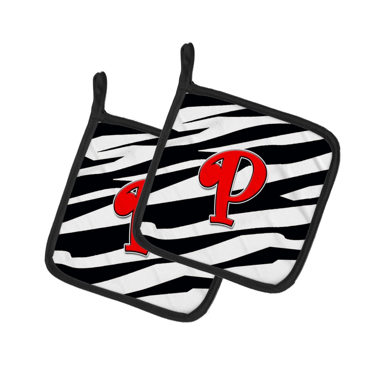 Letter P Initial Monogram - Zebra Red Pot Holder Set of 2 Heat Resistant Quilted Hot Pads 7.5 x 7.5 Inch, Insulated Kitchen Trivets for Cooking & Baking