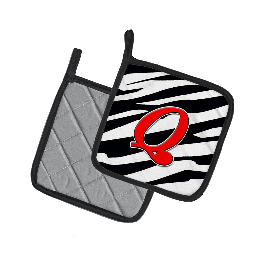 Letter Q Initial Monogram - Zebra Red Pot Holder Set of 2 Heat Resistant Quilted Hot Pads 7.5 x 7.5 Inch, Insulated Kitchen Trivets for Cooking & Baking
